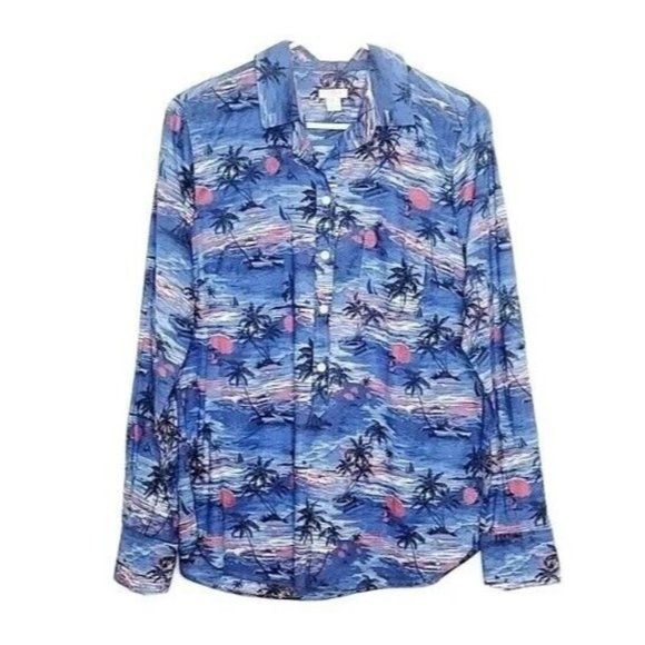 J. Crew Tops - J.Crew Camp Popover Button Down Shirt Size M Hawaiian Beach Sunset Palm Tree